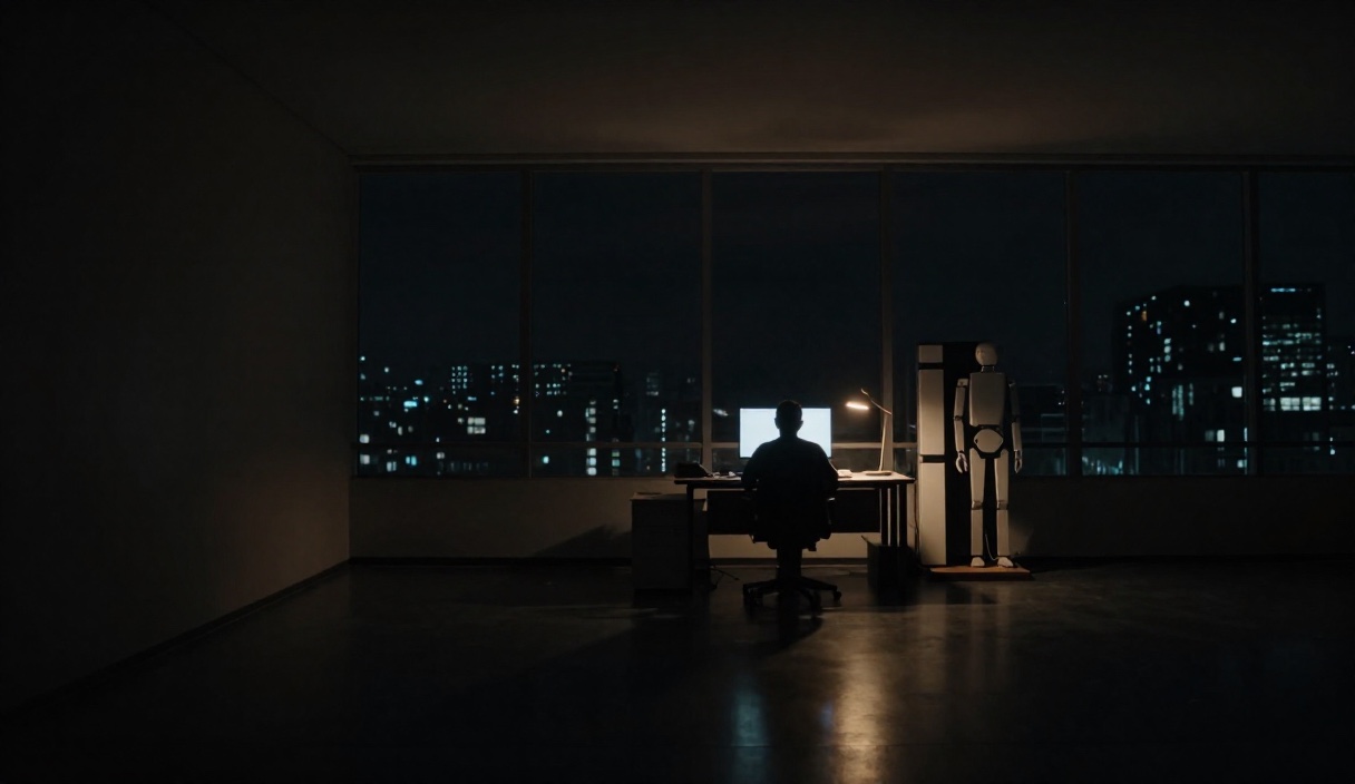 A person working late in a large dark room, a machine presence beside the desk.