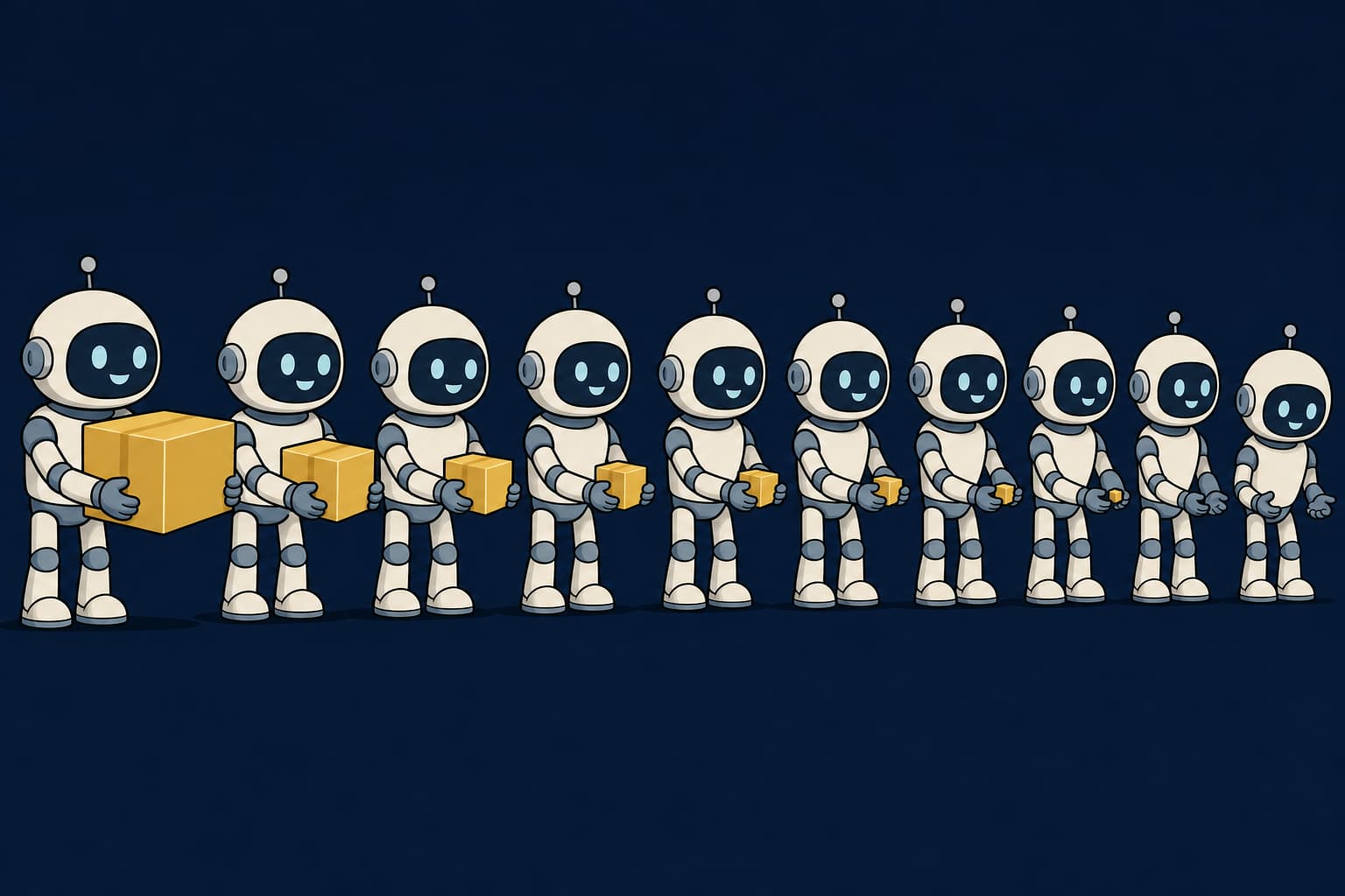 A row of ten identical cheerful robots passing a gold parcel down the line. It is large in the first robot's arms and smaller at every handoff, until the tenth is holding nothing at all and looking down at its empty hands, still smiling.