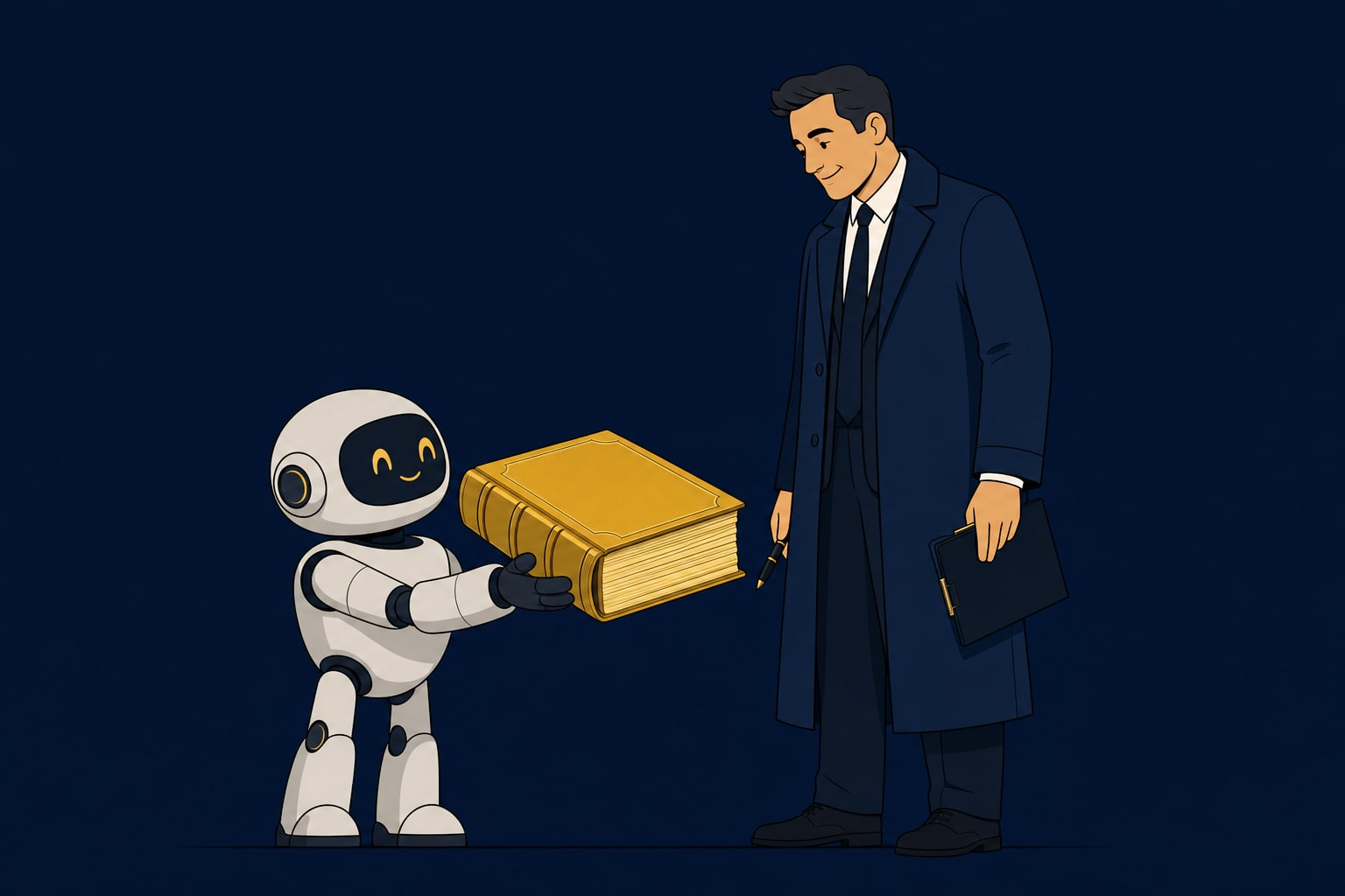 A flat cartoon illustration of the same small robot handing the auditor a thick, full bound ledger. The auditor looks down at it with approval, pen lowered.