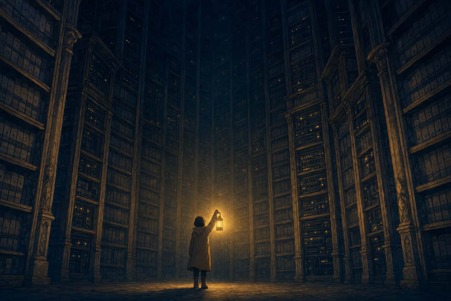A painted illustration of an enormous dim archive hall, shelves of filed records rising far out of frame on both sides. One small figure stands at the bottom of it holding up a lantern, whose light reaches only a few shelves in either direction.