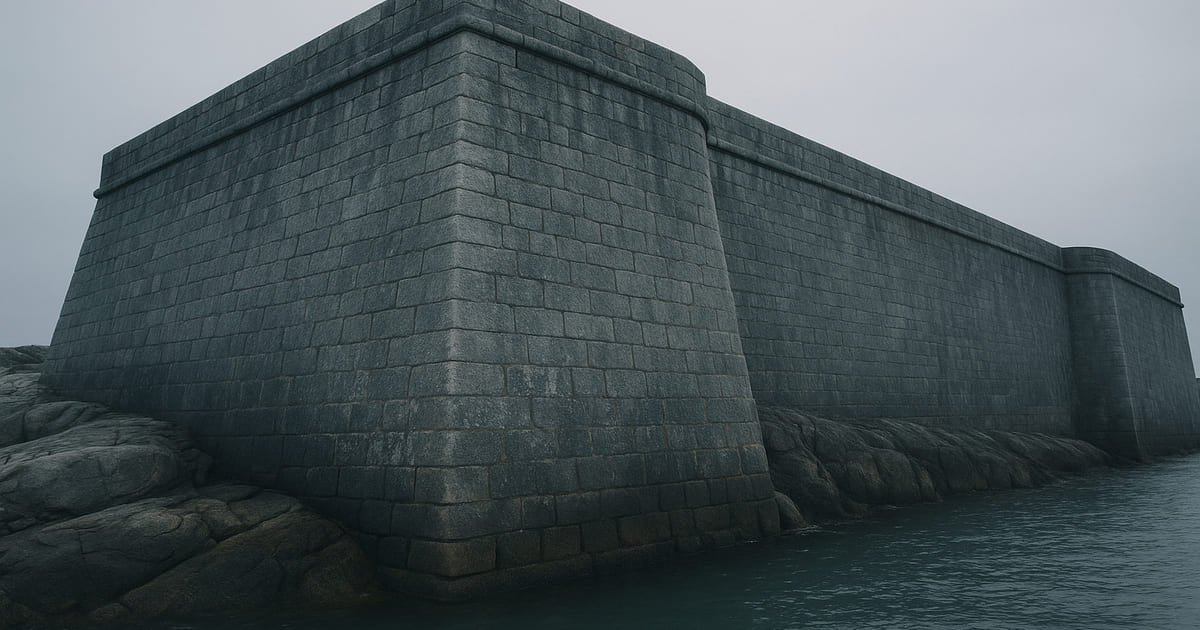 A weathered granite sea fortress in flat overcast light, its foundation continuous with the bedrock it stands on, the masonry intact.