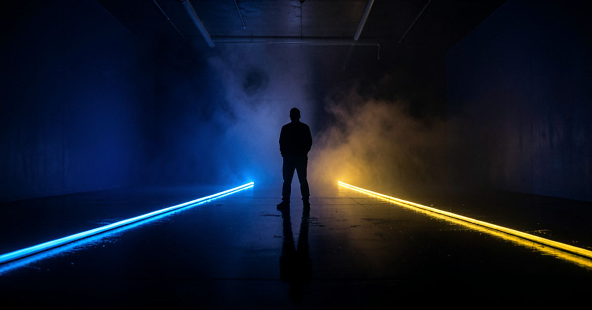 A lone figure stands in a dark hall between a glowing blue path and a warm gold path that split apart on the floor