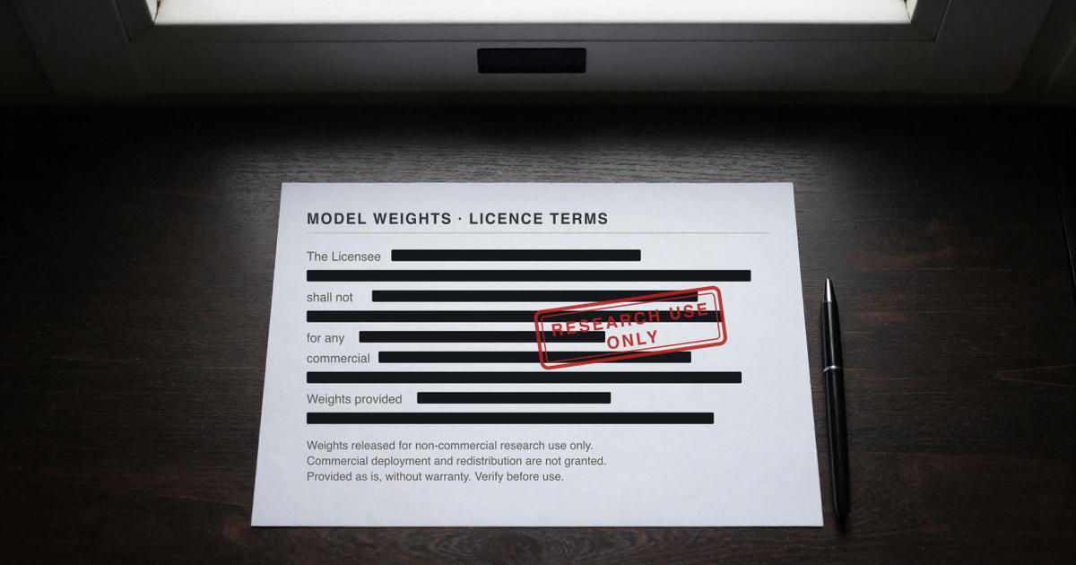 A licence document on a desk, its lines redacted with black bars and stamped RESEARCH USE ONLY