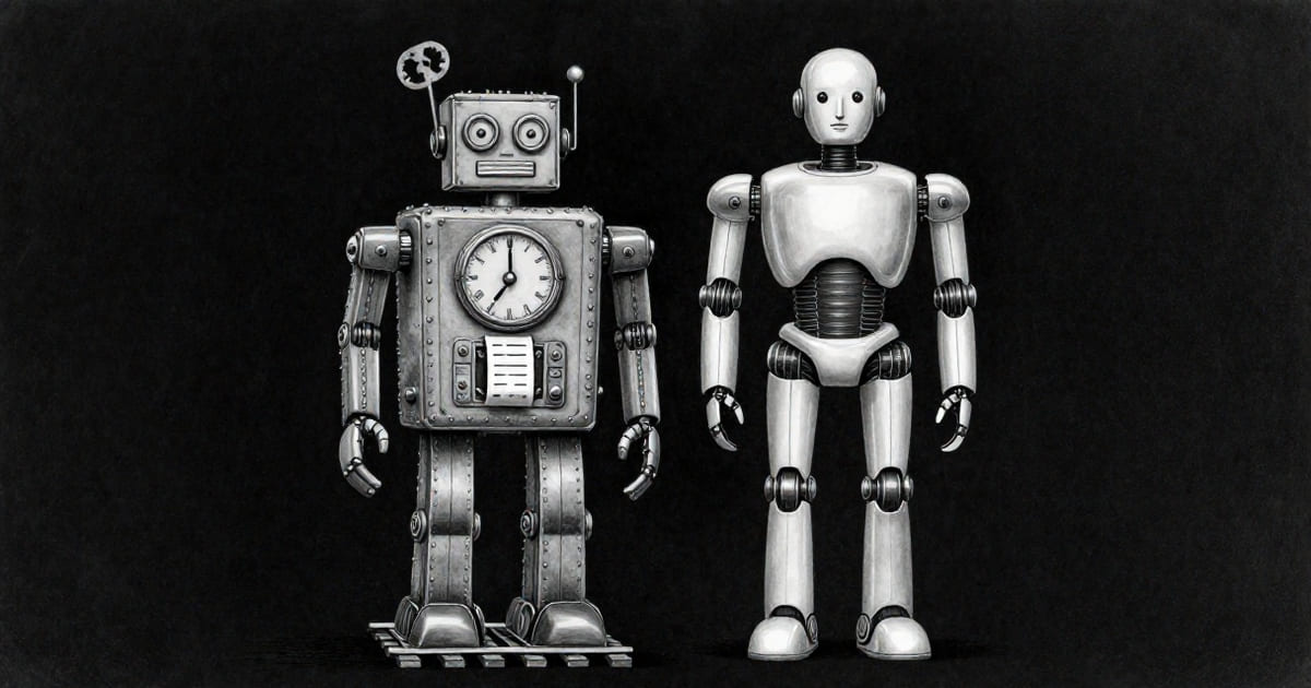 A pencil illustration of an antique wind-up clockwork robot on rails beside a sleek modern android